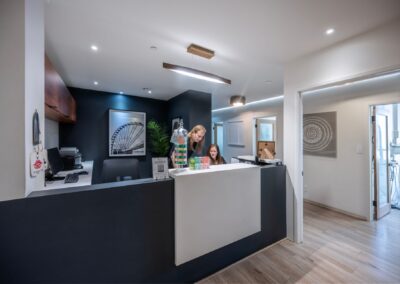 Spacious dental office reception with contemporary design in Beverly Hills.